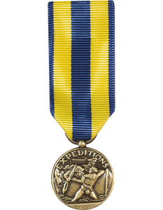 Miniature Navy Expeditionary Medal with blue and yellow ribbon and detailed bronze medallion
