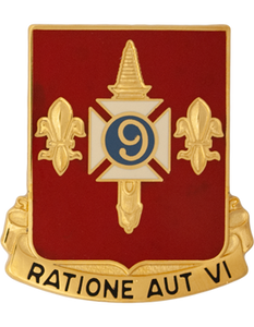 244th Air Defense Artillery unit crest DUI ratione aut vi army insignia red shield gold scroll