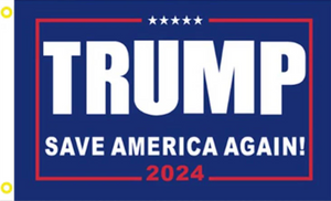 all caps "TRUMP" with the quote "Save America Again" and featuring the year 2024 on a blue background. Flag measures 3'x5' and comes with built in grommets for easy flying all caps "TRUMP" with the quote "Save America Again" and featuring the year 2024 on a blue background. Flag measures 3'x5' and comes with built in grommets for easy flying
