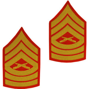 U.S. Marine Corps Master Sergeant E-8 Chevron Patch - Gold on Red for Male Uniforms U.S. Marine Corps Master Sergeant E-8 Chevron Patch - Gold on Red for Male Uniforms