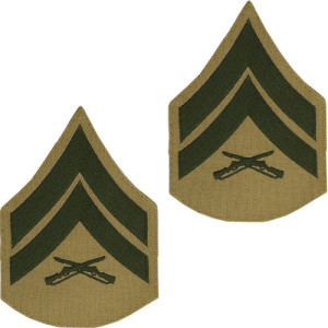 U.S. Marine Corps Corporal E-4 Chevron Patch - Green on Khaki for Male Uniforms U.S. Marine Corps Corporal E-4 Chevron Patch - Green on Khaki for Male Uniforms
