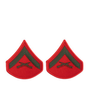 U.S. Marine Corps Lance Corporal E-3 Chevron Patch - Green on Red for Female Uniforms U.S. Marine Corps Lance Corporal E-3 Chevron Patch - Green on Red for Female Uniforms