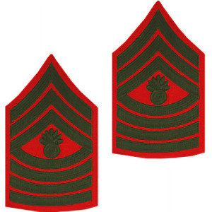 U.S. Marine Corps Master Gunnery Sergeant E-9 Chevron Patch - Green on Red for Male Uniforms U.S. Marine Corps Master Gunnery Sergeant E-9 Chevron Patch - Green on Red for Male Uniforms