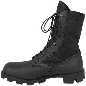 Side view of Wellco U.S. Military Jungle Boot, featuring black leather and nylon construction, vent holes for breathability, and a rugged Panama sole. Made in the USA. Side view of Wellco U.S. Military Jungle Boot, featuring black leather and nylon construction, vent holes for breathability, and a rugged Panama sole. Made in the USA.