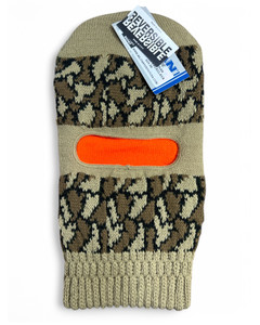 Vybran Reversible Hunting Balaclava in Tan Camo and Blaze Orange, USA-made from 100% worsted acrylic, shown flat with product tag visible. Vybran Reversible Hunting Balaclava in Tan Camo and Blaze Orange, USA-made from 100% worsted acrylic, shown flat with product tag visible.