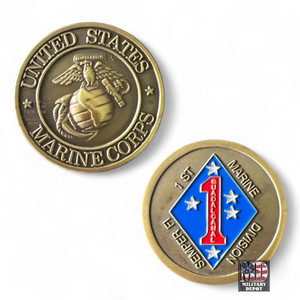 Front: 1st Marine Division Challenge Coin – Guadalcanal Blue Diamond Emblem
Back: USMC Challenge Coin – Eagle Globe and Anchor Side Front: 1st Marine Division Challenge Coin – Guadalcanal Blue Diamond Emblem
Back: USMC Challenge Coin – Eagle Globe and Anchor Side