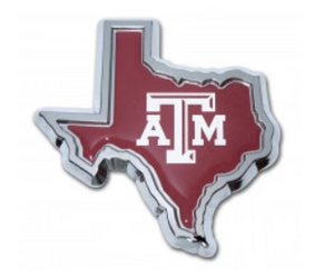 Texas Shaped Texas A&M Domed Maroon Metal Auto Emblem
