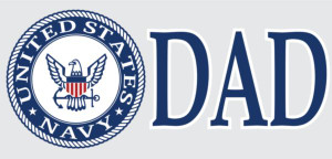 Mylar Decal featuring bold "NAVY DAD" text with the U.S. Navy emblem – measures 3"x6.25", patriotic and made in America