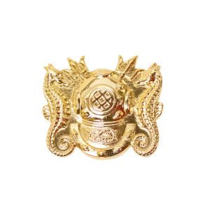 US Navy Diving Officer Collar Device featuring Mark V diving helmet design in polished metal

