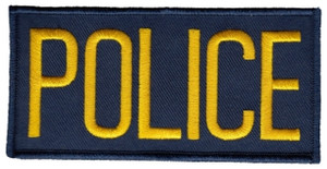 Gold on navy embroidered Police patch measuring 4x2 inches