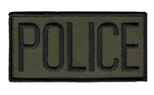 Black on green embroidered Police patch measuring 4x2 inches