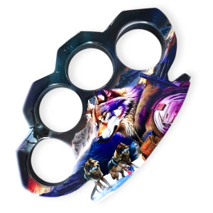 Brass knuckle paperweight with wolf and mountain background print — 5 x 2.5 x 0.5 in USA-made collectible