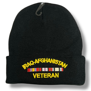 Black knit cap with yellow Iraq-Afghanistan Veteran embroidery and campaign service ribbons