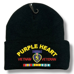 Black Purple Heart Vietnam Veteran knit cap with embroidered medal and service ribbons