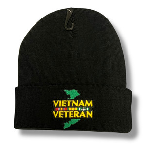Black Vietnam Veteran knit cap with embroidered Vietnam map and service ribbons