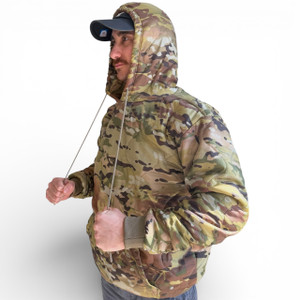 Military Depot woobie hoodie worn by model in camouflage pattern inspired by the military poncho liner lightweight tactical pullover hoodie