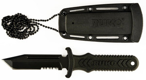 RUK0097 3-inch fixed blade tactical neck boot knife with serrated edge section, boot clip sheath, and concealed carry chain system displayed flat lay style