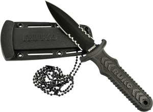 RUK0097L tactical neck boot knife with black stainless steel fixed blade, boot clip sheath, and concealed carry neck chain displayed for tactical utility use