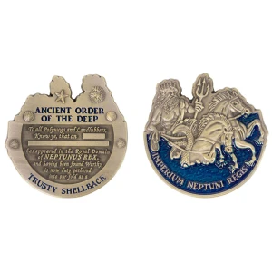 Trusty Shellback challenge coin featuring Neptune Rex riding a seahorse chariot and Ancient Order of the Deep design. Reverse of Trusty Shellback challenge coin displaying Ancient Order of the Deep inscription and traditional Shellback initiation text.