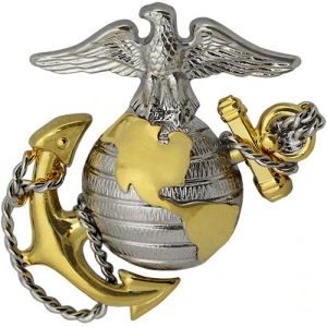 Marine Corps Officer Dress Cap Device regulation size gold and silver Eagle Globe and Anchor insignia.