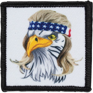 Patriotic eagle morale patch with blonde hair and American flag headband featuring hook backing for tactical gear