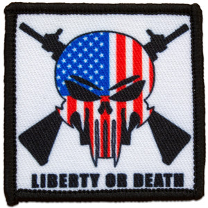 Liberty or Death American flag skull morale patch with crossed rifles and hook Velcro backing 2x2 inch