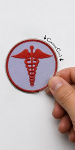 3-inch contour-cut Caduceus Medical Patch Sticker featuring a red border, white background, and red medical symbol for military medics, EMTs, healthcare professionals, and first responders.