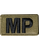 MP Military Police patch with black embroidered MP letters on olive drab background, hook and loop backing, made in the USA