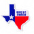 Texas bumper sticker in the shape of the state of texas and features the texas flag inlay into the sticker and the word "texas" across the white portion of the flag. Measures 4 inches wide.