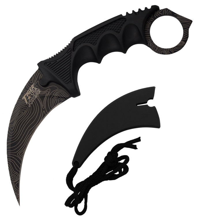 Fixed Blade Karambit Neck Knife and Sheath - Black Damascus