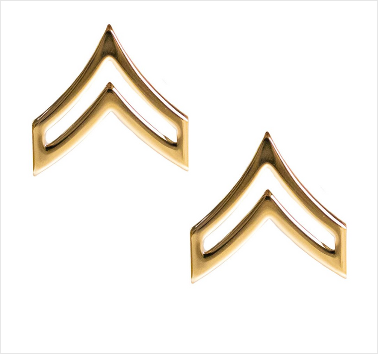 Army chevron rank: 22k Hard Corps gold plated: Enlisted: Corporal (E-4 / CPL / OR-4).