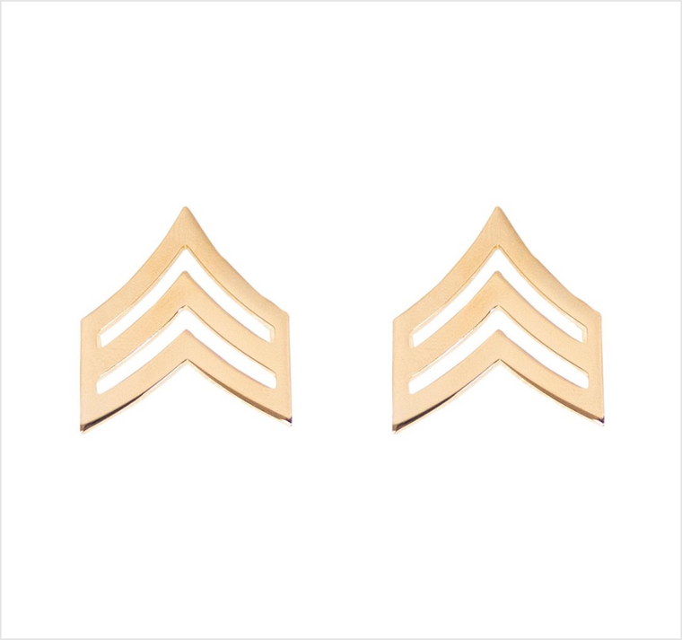 Army chevron rank: 22k Hard Corps gold plated: Enlisted: Sergeant (E-5 / SGT / OR-5).  Priced per pair.