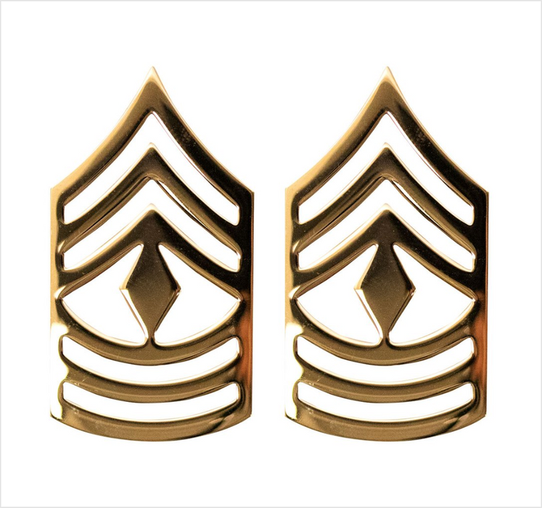 Army chevron rank: 22k Hard Corps gold plated: Enlisted: 1st Sergeant (E-8 / 1SG / OR-8). Priced per pair.

