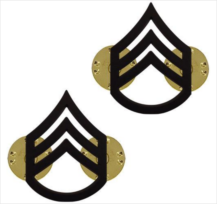 Army chevron rank: Hard Corps subdued metal finish: Enlisted: Staff Sergeant (E-6 / SSG / OR-6).

