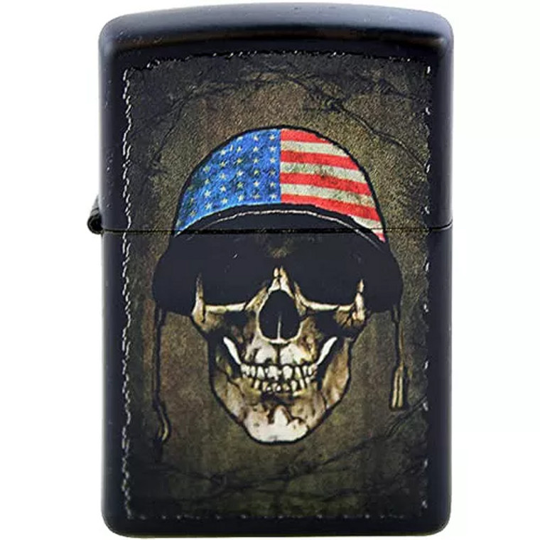 Military Skull With Helmet Matte Black Zippo Lighter