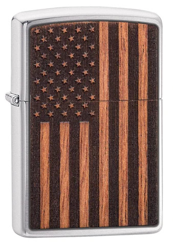 Woodchuck American Flag Mahogany Wood and Brushed Chrome Gift Box Zippo Lighter