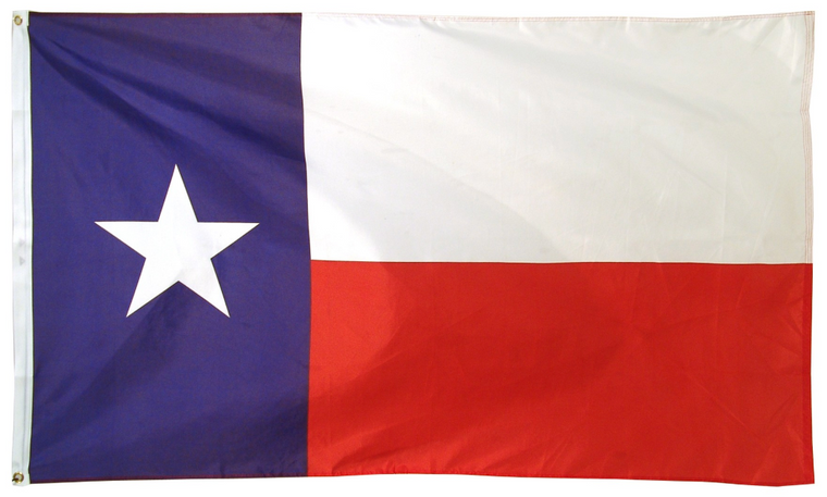 Texas flag with polyester fabric, 3 foot by 5 foot size. 