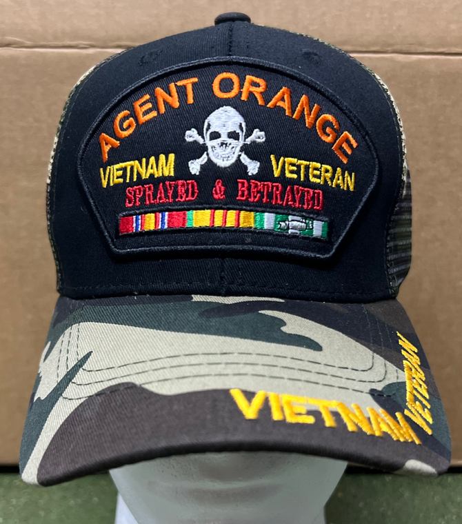 Vietnam Veteran Agent Orange "Sprayed & Betrayed" Black and Camo Mesh Trucker Hat