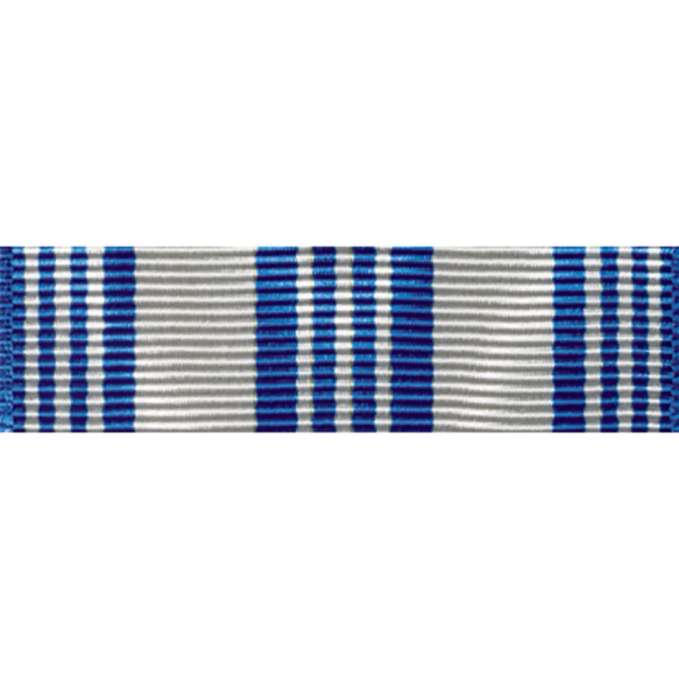 Air Force Achievement Medal ribbon authorized for U.S. Air Force uniform wear. Recognizes meritorious service or achievement. white/silver and blue accents.