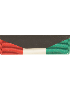 Liberation of Kuwait Medal ribbon authorized for U.S. military wear. Recognizes service during Operations Desert Shield and Desert Storm. black, red , white and green accents.