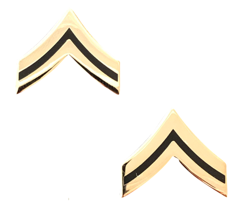 USA Made Corporal E4 Corps Gold Pin-On Rank with Black Enamel Chevrons - Sold as Pair