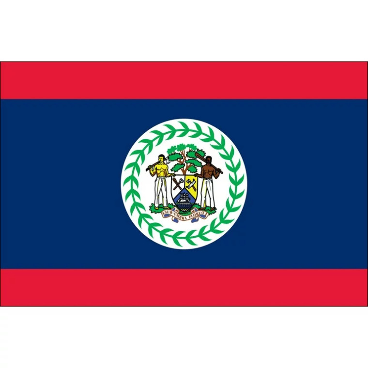 The Belize flag, measuring 3 feet by 5 feet, consists of two horizontal sections. The top half is deep blue, representing the Caribbean Sea, with a centered emblem. This emblem features a circular design bordered by a golden rope, enclosing a green background symbolizing Belize's forests and land. Within the emblem, a white disc holds the simplified coat of arms of Belize, depicting a tree, tools, and a ship, representing the country's history and resources. The bottom half mirrors the top in color, completing the flag's design. Overall, the flag encapsulates Belize's maritime heritage, natural beauty, and national identity.