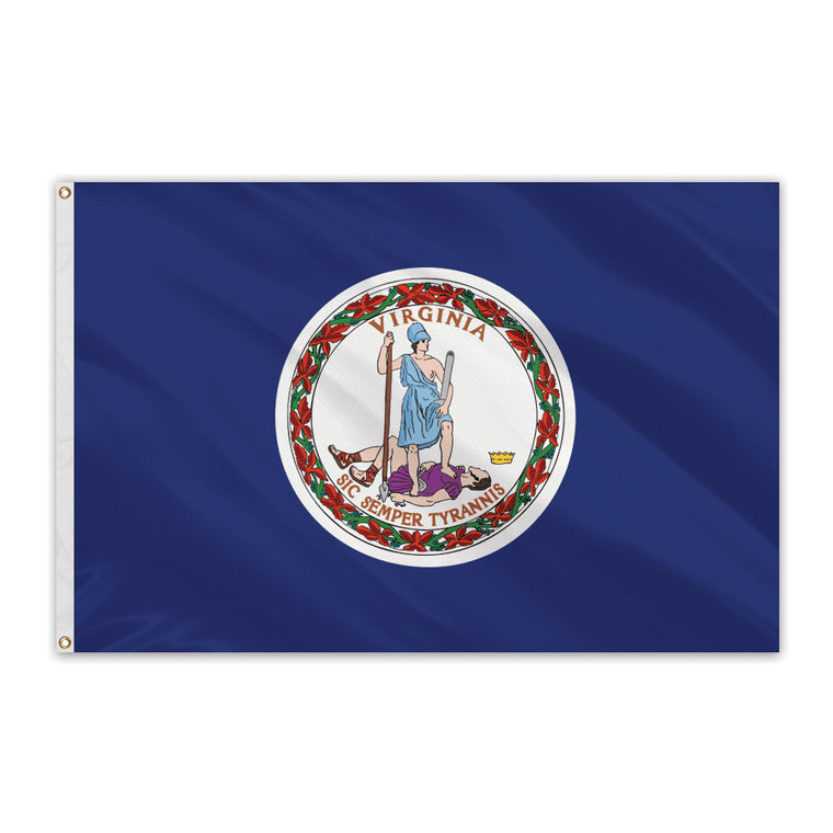 The Virginia flag, measuring 3 feet by 5 feet, embodies the state's rich history and enduring spirit. Against a deep blue field, the flag features the seal of Virginia centered in the middle. The seal is framed by a ring of words that read "Virginia, Sic Semper Tyrannis," which translates to "Thus Always to Tyrants." This motto underscores Virginia's commitment to freedom and resistance against oppression, originating from the state's role in the American Revolution. Within the seal, there's a depiction of Virtus, the Roman goddess of virtue and bravery, standing triumphantly over a defeated tyrant, symbolizing Virginia's victorious struggle for independence. She holds a spear in one hand and a sword in the other, signifying the defense of liberty. Surrounding Virtus are symbols of Virginia's sovereignty, including a crown, a sheaf of wheat representing agriculture, and a bundle of arrows symbolizing defense. The Virginia flag serves as a proud symbol of the state's heritage, principles, and contributions to American history.