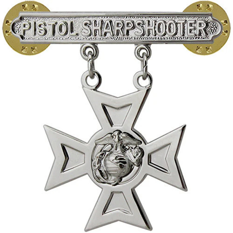 Marine Corps Pistol Sharpshooter Qualification Badge with detailed metal design and secure clasp Marine Corps Pistol Sharpshooter Qualification Badge with detailed metal design and secure clasp