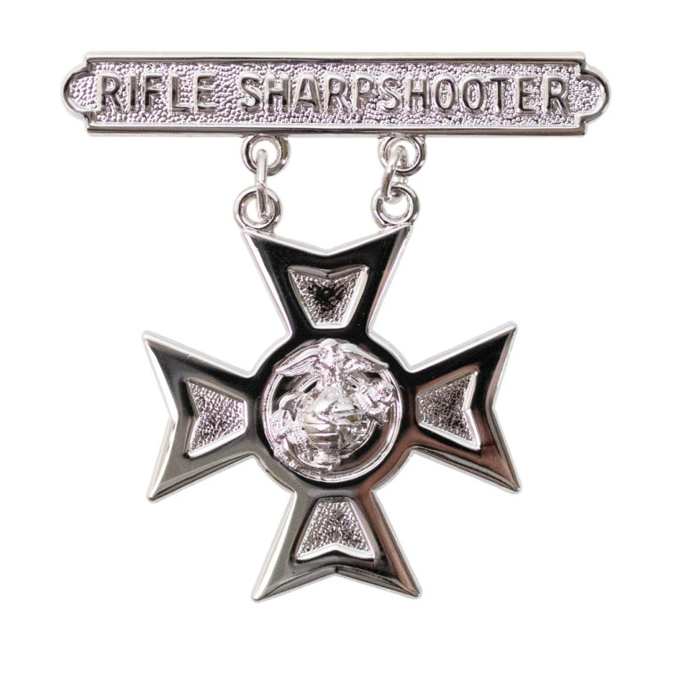 Marine Corps Rifle Sharpshooter Qualification Badge with detailed metal design and secure clasp Marine Corps Rifle Sharpshooter Qualification Badge with detailed metal design and secure clasp