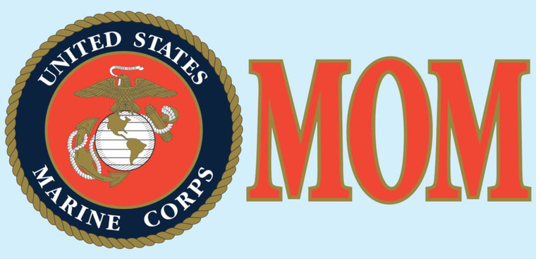 Mylar decal featuring the USMC Eagle, Globe, and Anchor (EGA) alongside bold "MOM" text on a clear background, measuring 3 x 6.25 inches
