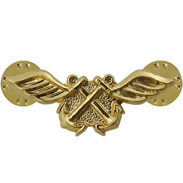 US Navy Aviation Boatswain Collar Device featuring winged crossed tools in polished metal

