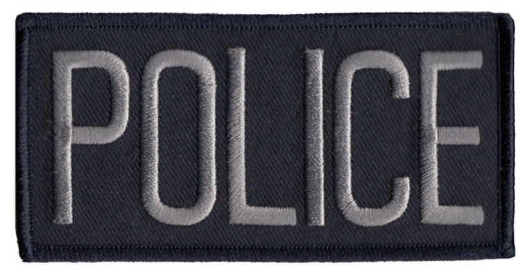 Grey on midnight blue embroidered Police patch measuring 4x2 inches