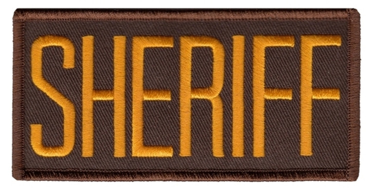 Gold on Brown Embroidered Sheriff Patch measuring 4x2 inches
