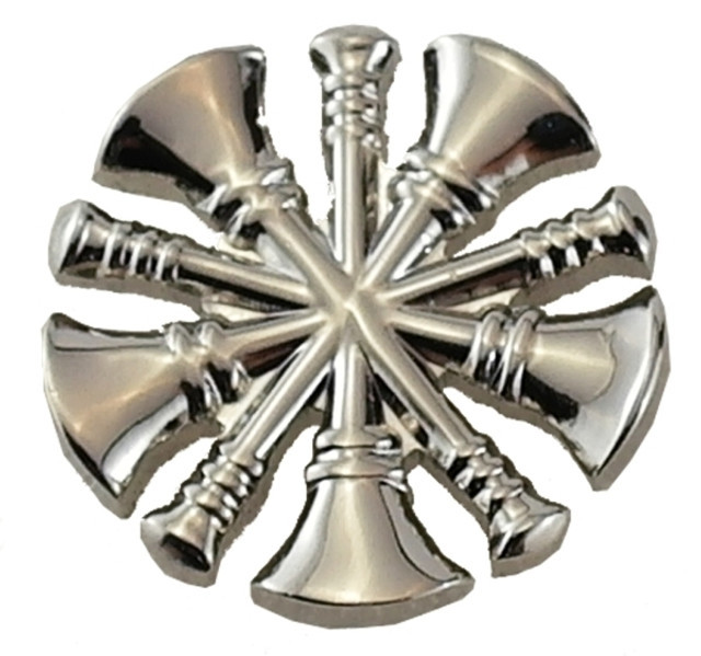 Fire Chief Five Bugles Pin with polished metal design for fire service uniforms - nickel